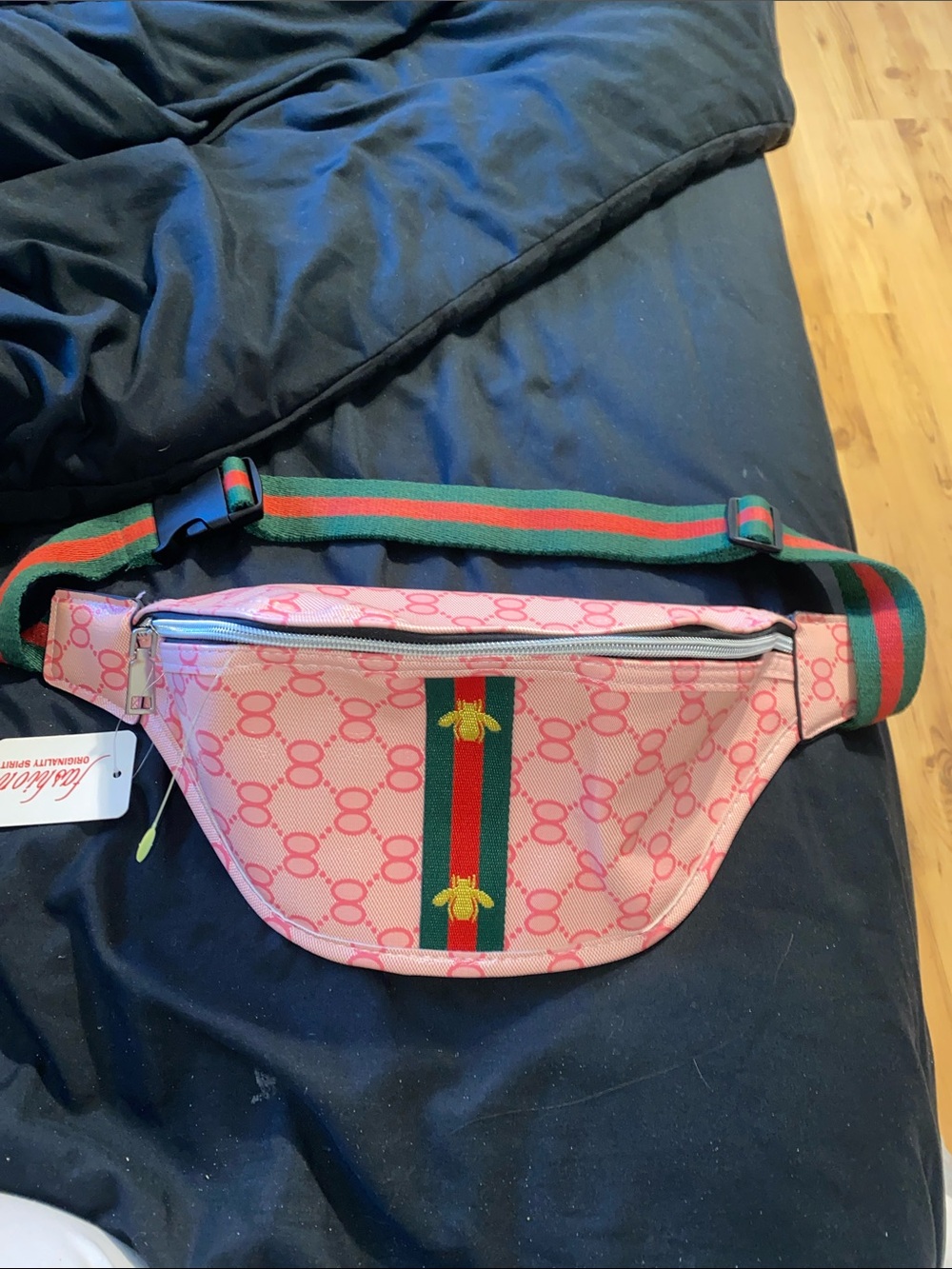 Spirit Pink Patterned Crossbody Waist Bag with Green and Red Stripe